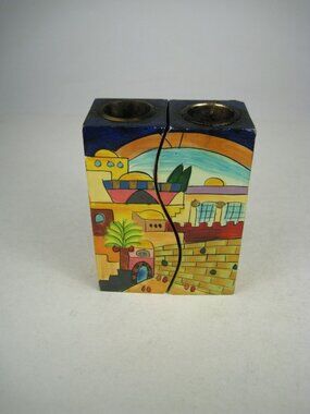 Emanuel Hand Painted Wooden Dual Candle Holders Jerusalem Shabbat